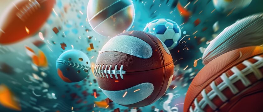Sports equipment on a dynamic background, with motion blur effects, futuristic, high contrast, digital artistry