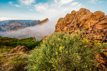Sunrise over the mountains landscape in Pico do Arieiro, Madeira Island, Portugal
