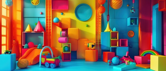 Toys in a colorful playroom, with dynamic lighting, pop art, vibrant colors, digital illustration