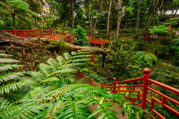 Monte Palace, Tropical Garden with Waterfalls, Lakes and traditional buildings above the city of...