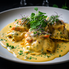Chicken and Lobster Ravioli with Saffron Cream Sauce