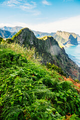 Views from Cabo de Larano viewpoint and Vereda do Larano coastal hiking trail. Cliffs atlantic ocean and tropical mountains vegetation. Madeira island in Portugal