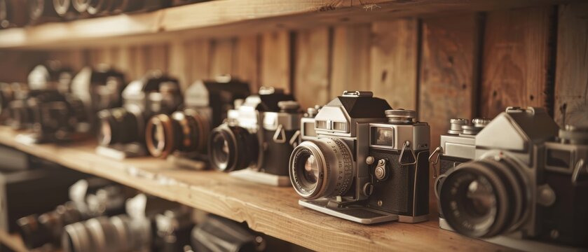 Vintage cameras on a wooden shelf, with warm lighting, vintage, sepia tones, high-resolution photo