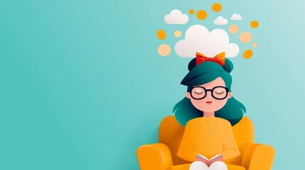Naklejka premium Illustration of a girl reading a book in a cozy chair with a dreamlike thought cloud above her head, symbolizing imagination and relaxation.