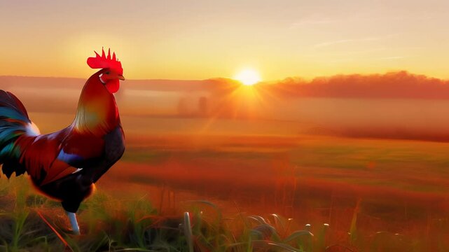 Majestic rooster crowing at sunrise in misty countryside