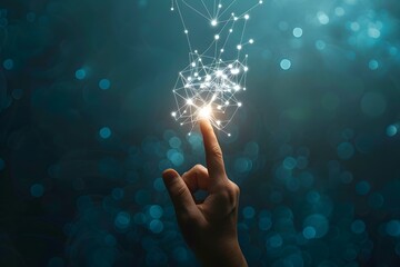 digital composite of a glowing hand with network connection design on dark blue background futuristic technology and innovation concept