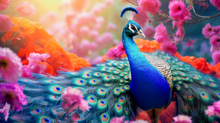 Cute, beautiful peacock in a field with flowers in nature, in sunny pink rays. © ALA