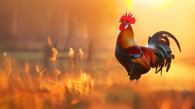 Majestic rooster crowing at sunrise on a farm