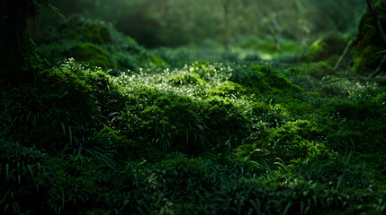 Fototapeta premium Green moss and background Backdrop for displaying products Dark forest background : Generative AI
