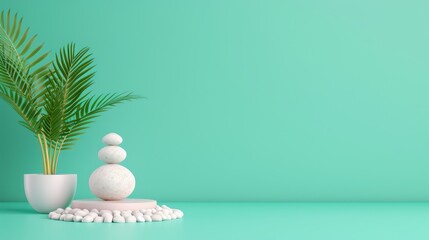 Fototapeta premium Minimalistic spa setup with stacked stones, white pebbles, and a potted plant against a mint green backdrop, perfect for relaxation themes.