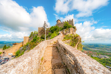 San Marino city view. Fortress on the rock. San Marino landmark. Italy.