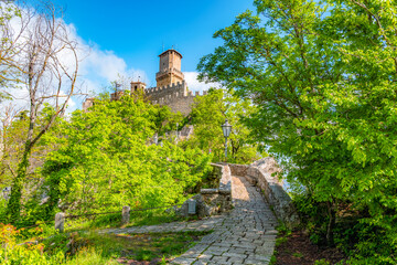San Marino city view. Fortress on the rock. San Marino landmark. Italy.