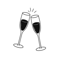 champagne, sparkling wine in glasses in doodle style. vector simple illustration