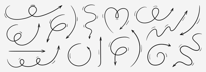 Arrow vector sketch icons set.  Swirl arrow doodle sign. Vector illustration.