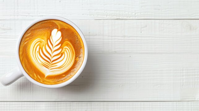 Top view of a beautifully crafted latte with intricate art on frothy milk, placed on a white wooden table. Perfect coffee moment.