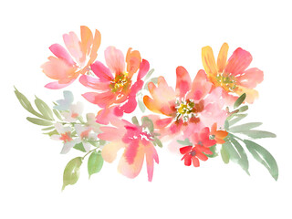 A bouquet illustration of abstract red and orange flowers painted in watercolor with a transparent background