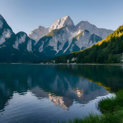 Fototapeta premium Impressive summer sunrise on Eibsee lake with Zugspitze mountain range. Sunny outdoor scene in German Alps, Bavaria, Germany, Europe. Beauty of nature concept background.