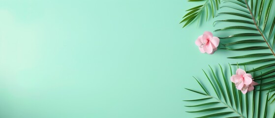 Obraz premium Tropical palm leaves and pink flowers on a light green background, perfect for a summer, nature, or vacation themed design or decoration.