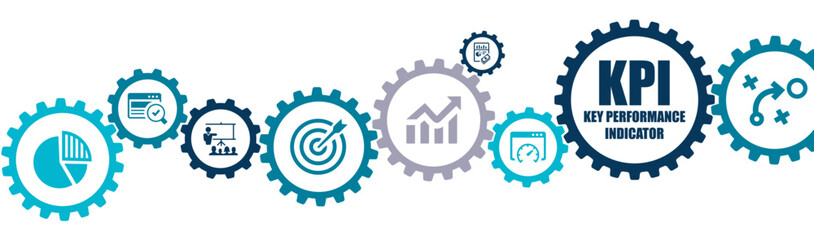 Key Performance Indicator KPI banner vector illustration with the icons of optimization, analytics, indicators, performance, growth, strategy, goals, evaluation, implementation on white background.