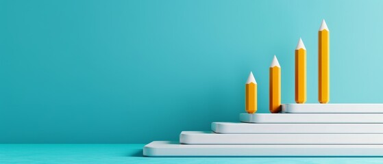 Obraz premium Yellow pencils arranged in ascending order on white steps against a turquoise background representing growth, progress, or learning.