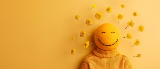Yellow smiley face in a cozy sweater surrounded by flowers on a vibrant yellow background, symbolizing happiness and positivity.