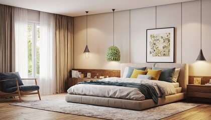 bed with white bedclothes, gold fern leaf on an end table in white bedroom interior