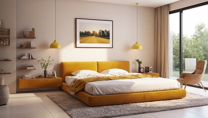 bed with white bedclothes, gold fern leaf on an end table in white bedroom interior