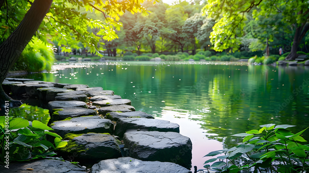 Aufkleber beautiful colorful summer spring natural landscape with a lake in park surrounded by green foliage o