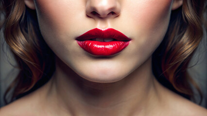 Fototapeta premium Smiling woman with red lipstick and glamorous makeup, close-up portrait