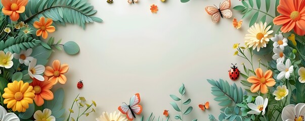 Whimsical Floral Frame with Butterflies Flowers and Ladybugs for Spring