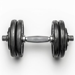 Naklejka premium Close-up of a heavy dumbbell with multiple weight plates on each side, perfect for strength training and fitness routines.
