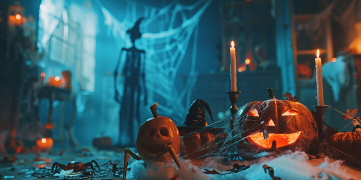 Halloween background with pumpkins bats and haunted house 3D rendering