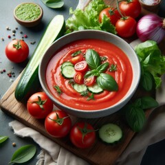 A refreshing tomato gazpacho garnished with basil, cherry tomatoes, and cucumber slices, surrounded by fresh vegetables.