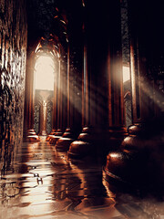 Dark hallways in an ancient fantasy temple with columns and floor made of brass. Made with 3d resources and painted elements. No AI used. 