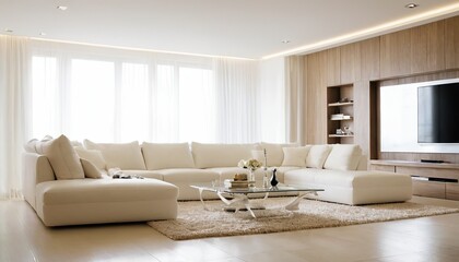 Fototapeta premium contemporary living room with open concept view through to dining room kitchen and a marble