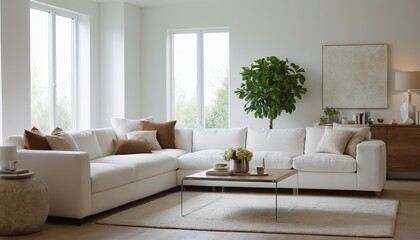 contemporary living room with open concept view through to dining room kitchen and a marble
