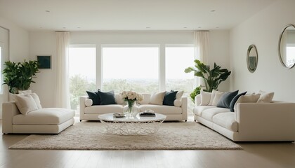 contemporary living room with open concept view through to dining room kitchen and a marble