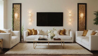 contemporary living room with open concept view through to dining room kitchen and a marble