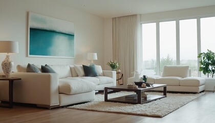 Modern, white minimalist interior with kitchen, sofa, wood floor, wall panels and marble kitchen island.
