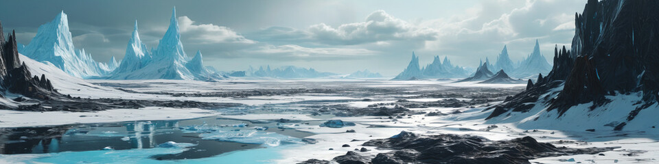 Fototapeta premium A sprawling alien tundra with vast ice fields and strange, crystalline growths, depicted with thick oil paint to highlight the cold, surreal beauty and otherworldly textures, Generative AI