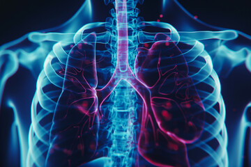 An anatomical illustration of the human chest, focusing on the lungs and bronchial, with a transparent view of the ribcage. Generative Ai.