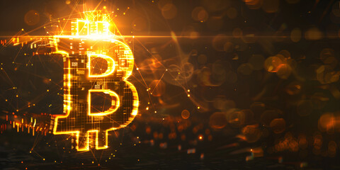 Golden Bitcoin symbol constructed with flowing binary numbers
