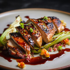 Seared Chicken with Blood Orange Gel and Charred Leeks