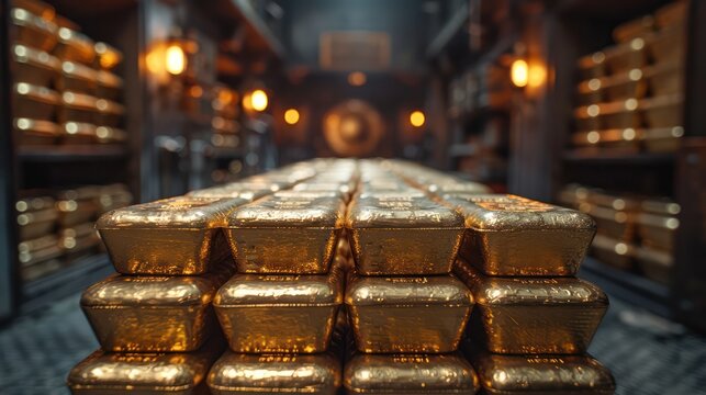 Gold bars are stacked in a vault. Demonstrates safety and stability in investment