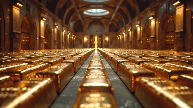 Gold bars are stacked in a vault. Demonstrates safety and stability in investment - Powered by Adobe
