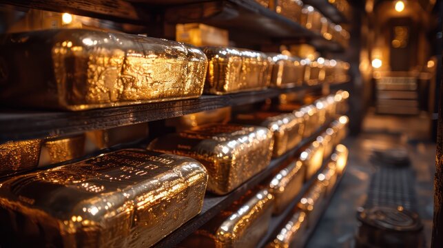 Gold bars are stacked in a vault. Demonstrates safety and stability in investment