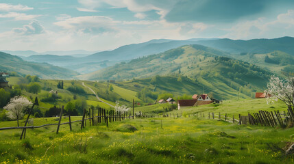 Obraz premium panorama of beautiful countryside of romania sunny afternoon wonderful springtime landscape in mountains grassy field and rolling hills rural scenery : Generative AI