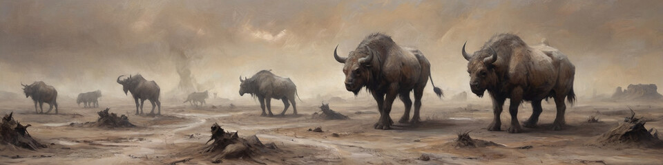 Obraz premium A barren wasteland covered in thick dust with massive, grotesque animals wandering aimlessly, rendered in thick oil paint to highlight the ominous and desolate environment, Generative AI