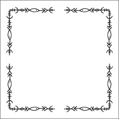 Elegant black and white ornamental frame with Viking runes, decorative border, corners for greeting cards, banners, business cards, invitations, menus. Isolated vector illustration.	