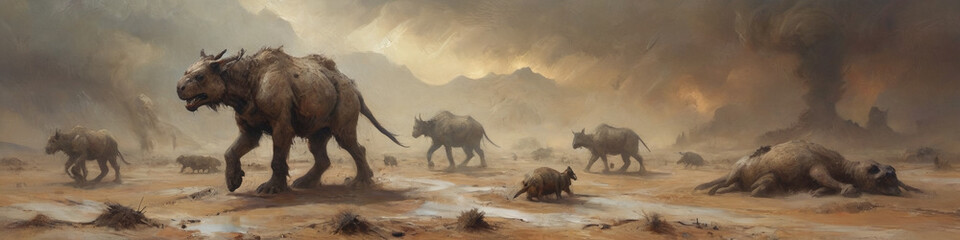 Fototapeta premium A dusty wasteland with giant, mutated animals navigating through a heavy dust storm, rendered in thick oil paint to capture the desolate and unsettling scene, Generative AI